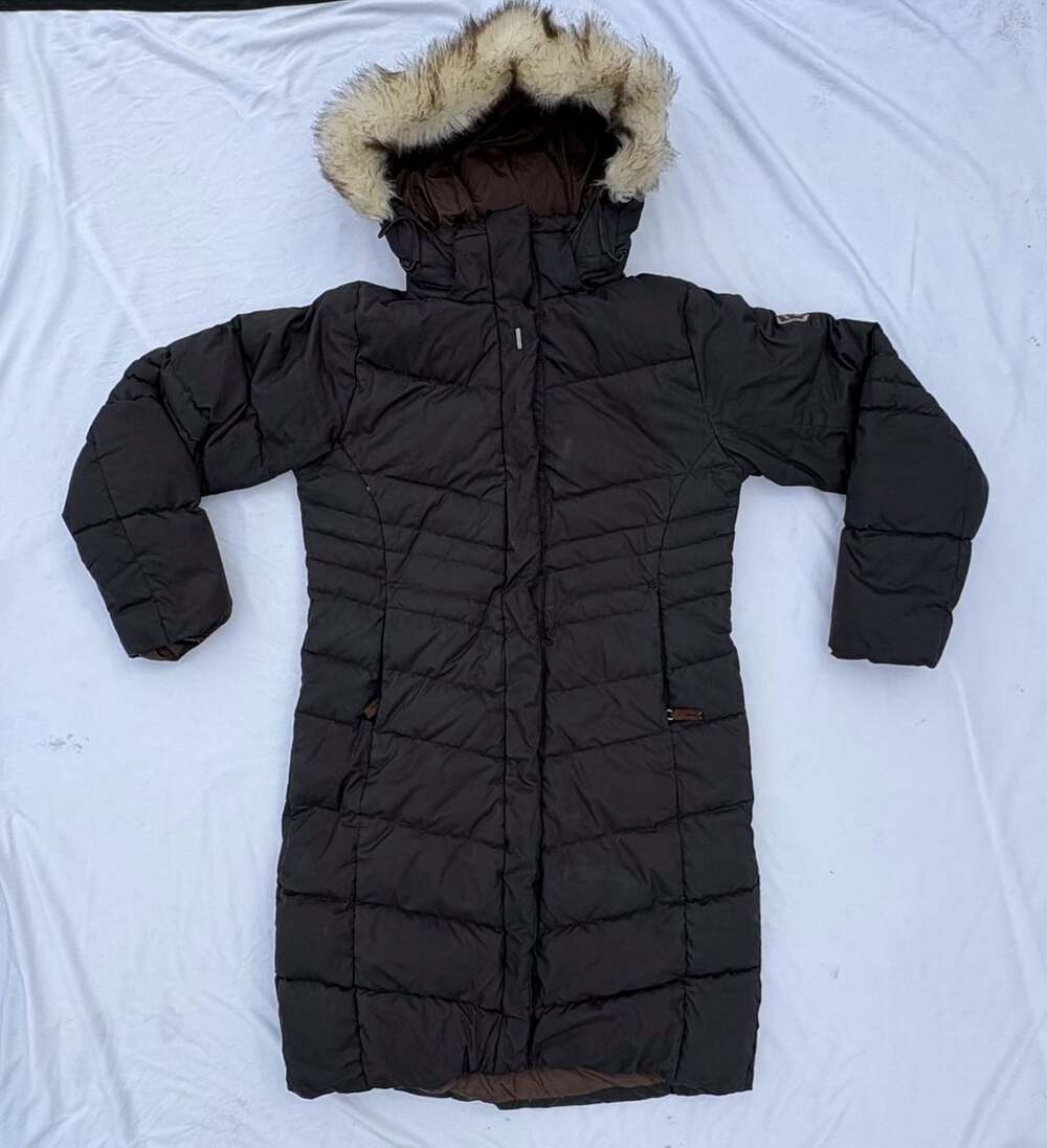 Lolë Down Puffer Long Coat with Faux Fur Hood Size L Zipper Broken Sold As Is